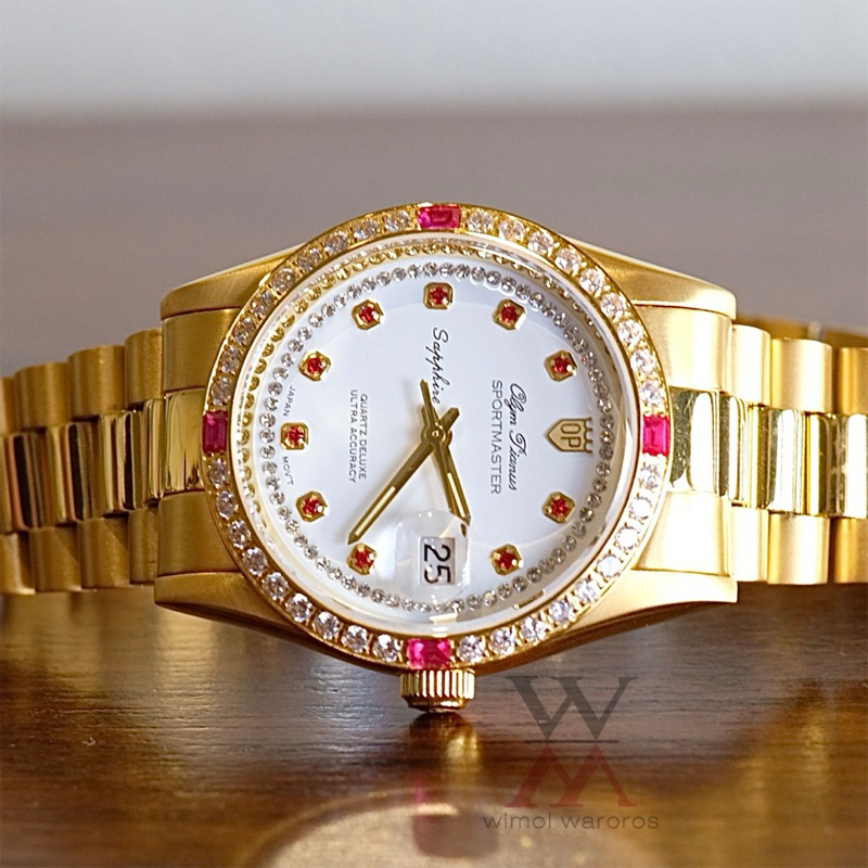นาฬิกา OP (Olym Pianus) รุ่น 89322-616 SPORTMASTER Sapphire Quartz (หน้าขาว,หน้าดำ พลอยแดงขาว-เรือนท