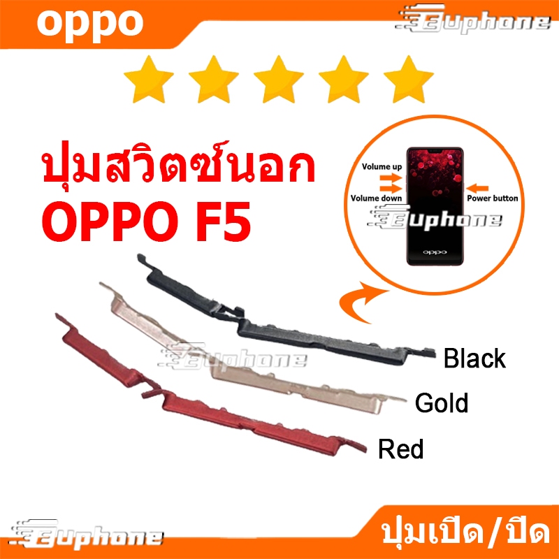 ปุ่มกดสวิทช์ด้านนอก OPPO F5 ปุ่มเปิดปิด ปรับระดับเสียงขึ้นลง ปุ่มลดเสียง ปุ่มเพิ่มเสียง ON OFF + VOLUME BUTTON