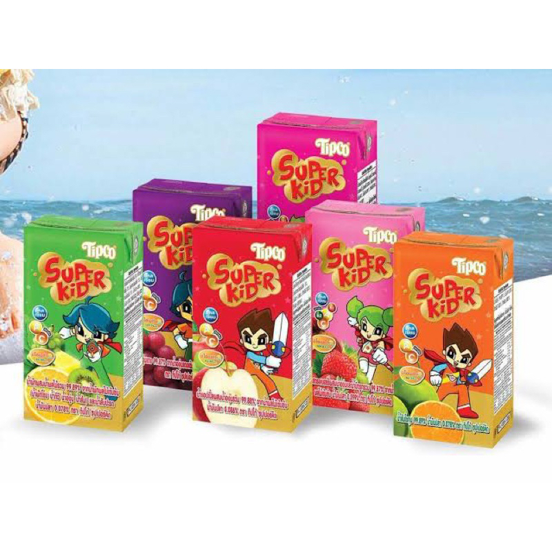 fl Tipco super kid น้ำผลไม้เด็ก กล่องละ110มล. แพ็ค4กล่อง องุ่นแดง ผลไม้รวม ส้มโชกุน