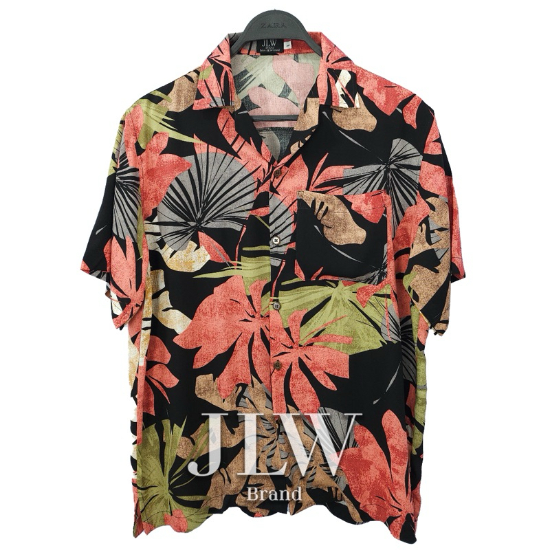 เสื้อฮาวาย ลายใบบอน ดำ ผ้านิ่มใส่สบาย JLW BRAND ผ้าเรย่อน