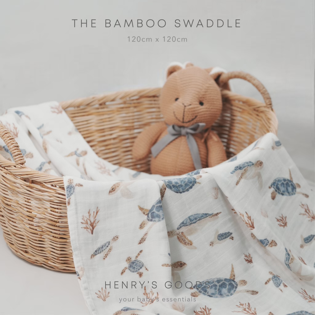 Henry’s Goods - Turtle Tales ผ้าอ้อม มัสลิน ใยไผ่ ผ้าคลุมให้นม สำหรับทารก (ขนาดใหญ่120x120)