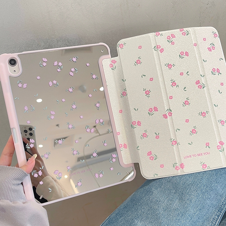 พร้อมส่ง เคสไอแพด Air6 Gen9 Air5 Pink Floral กระจกเงา ช่องใส่ปากกา Acrylic ipad MINI7 Pro11 2024