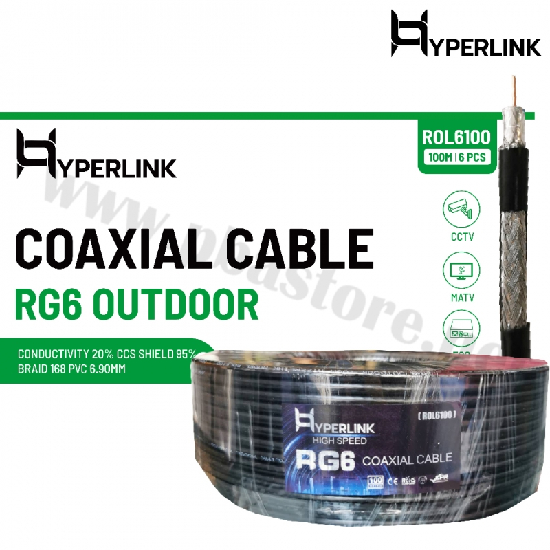 สาย RG6 OUTDOOR Shield 95% สายถัก 168 100M HYPERLINK รุ่น ROL6100