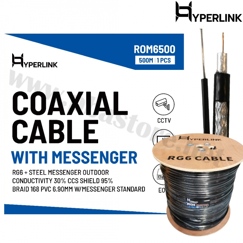 สาย RG6 + สลิง OUTDOOR Shield 95% สายถัก 168 ทองแดง 30% (500M/ROLL) HYPERLINK รุ่น ROM6500