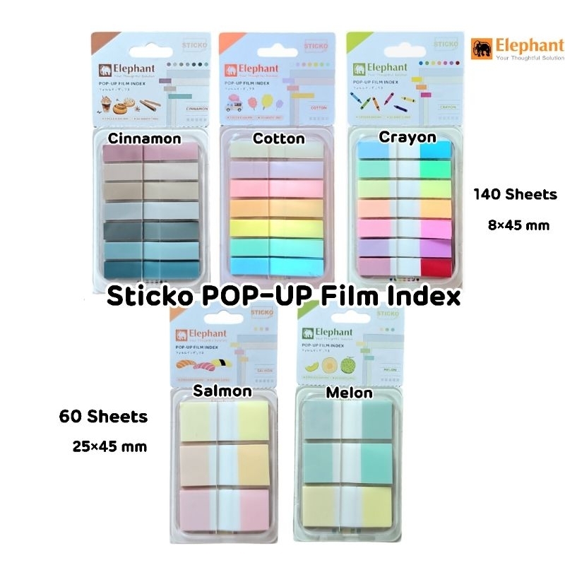 Elephant ฟิล์มอินเด็กซ์ ตราช้าง Sticko POP-UP Film Index ขนาด 8×45 mm. และ 25×24 mm. โทนสีพาสเทลและเอิร์ธโทน