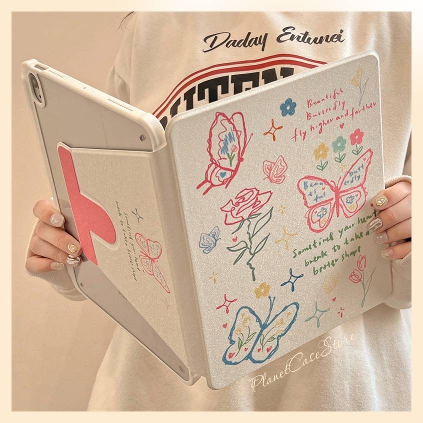 🔥พร้อมส่ง🔥เคสiPadหมุน 360° Gen11 Air6 แผ่นหลังอะครีลิ Air7 13Butterfly&Rose ช่องใส่ปากกาขวา เคสไอแพด