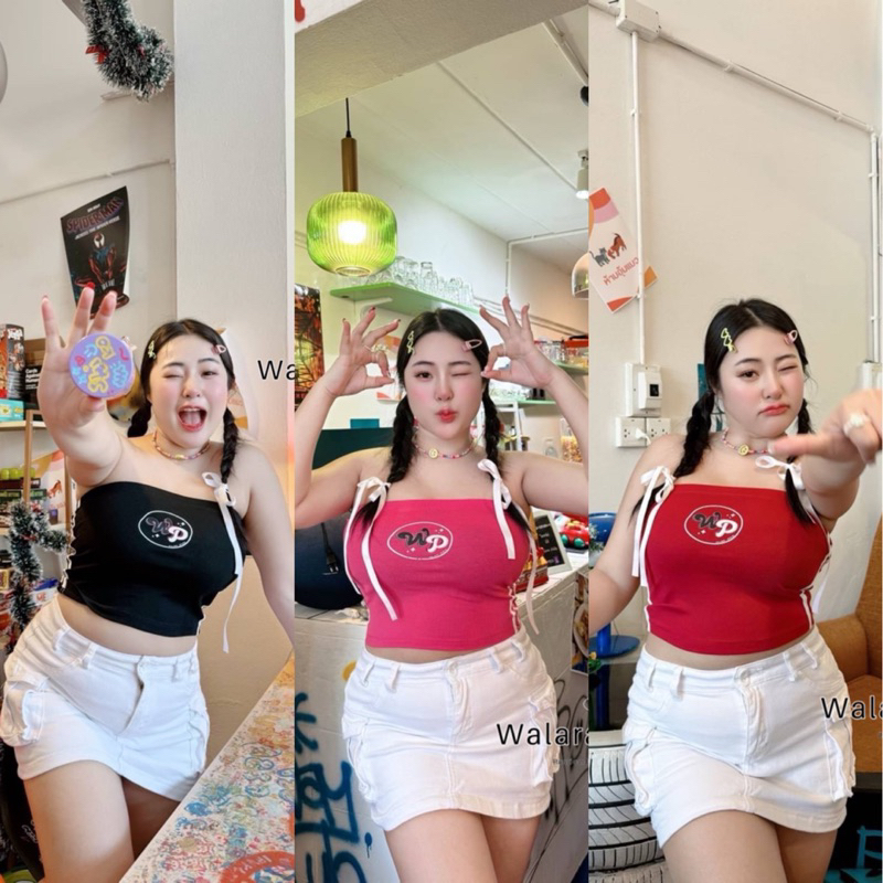 เสื้อเกาะอกสาวอวบอ้วนแนวสตรีทคาร์โก้ น่ารักสดใส