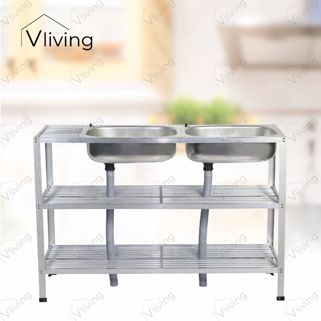 Vliving ซิ้งค์ล้างจาน อ่างล้างจานอลูมิเนียม 2หลุม 3ชั้น มีข้าง