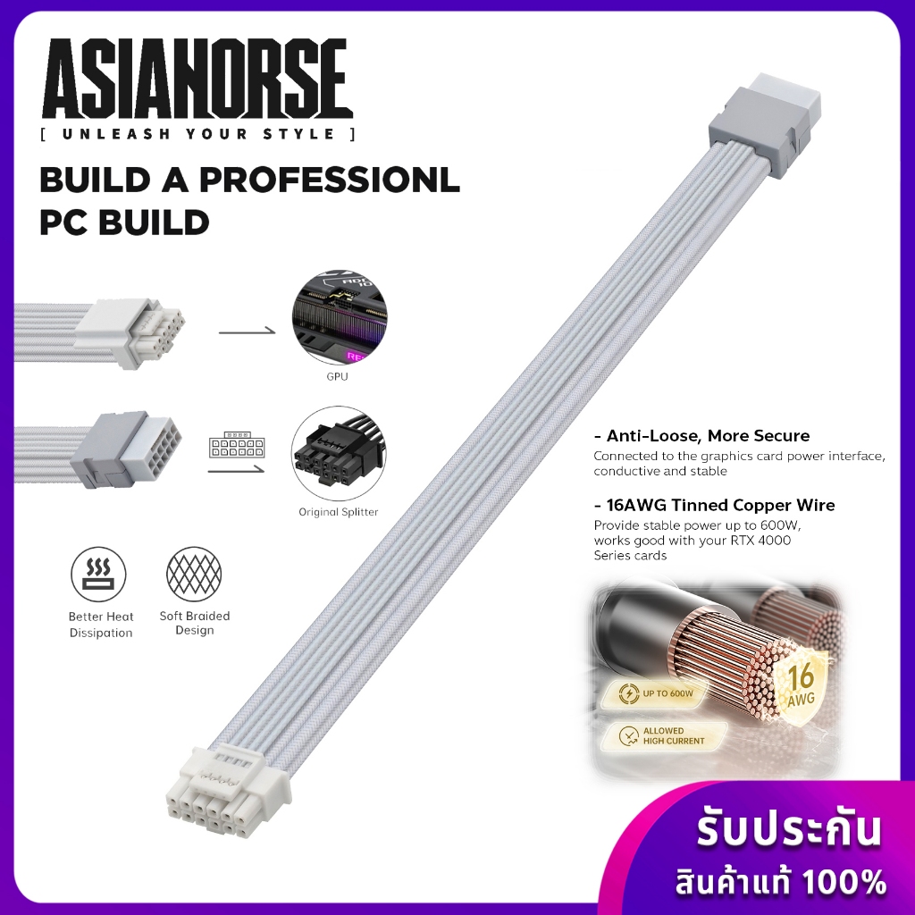 สายถักสีขาว “12VHPWR ” คุณภาพสูง  [Female to Male] AsiaHorse White 16AWG PCI-e 5.0 12VHPWR PSU Cable Extension
