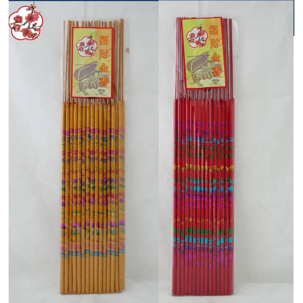 MEI HUA ธูปอวยพรตราดอกเหมย สีทองเเละสีแดง ยาว39ซม.ขนาดประมาณ6มิล บรรจุ30ดอก พิมพ์อักษรมงคลภาษาจีน