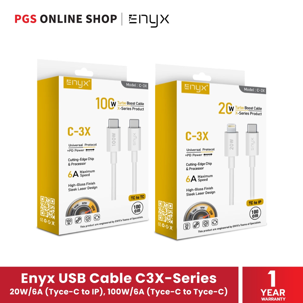 Enyx C3X Turbo Boost Cable 1m (สายชาร์จ) ชาร์จเร็วทันใจ Fast Charge 20W/6A (Tyce-C to IP), 100W/6A (