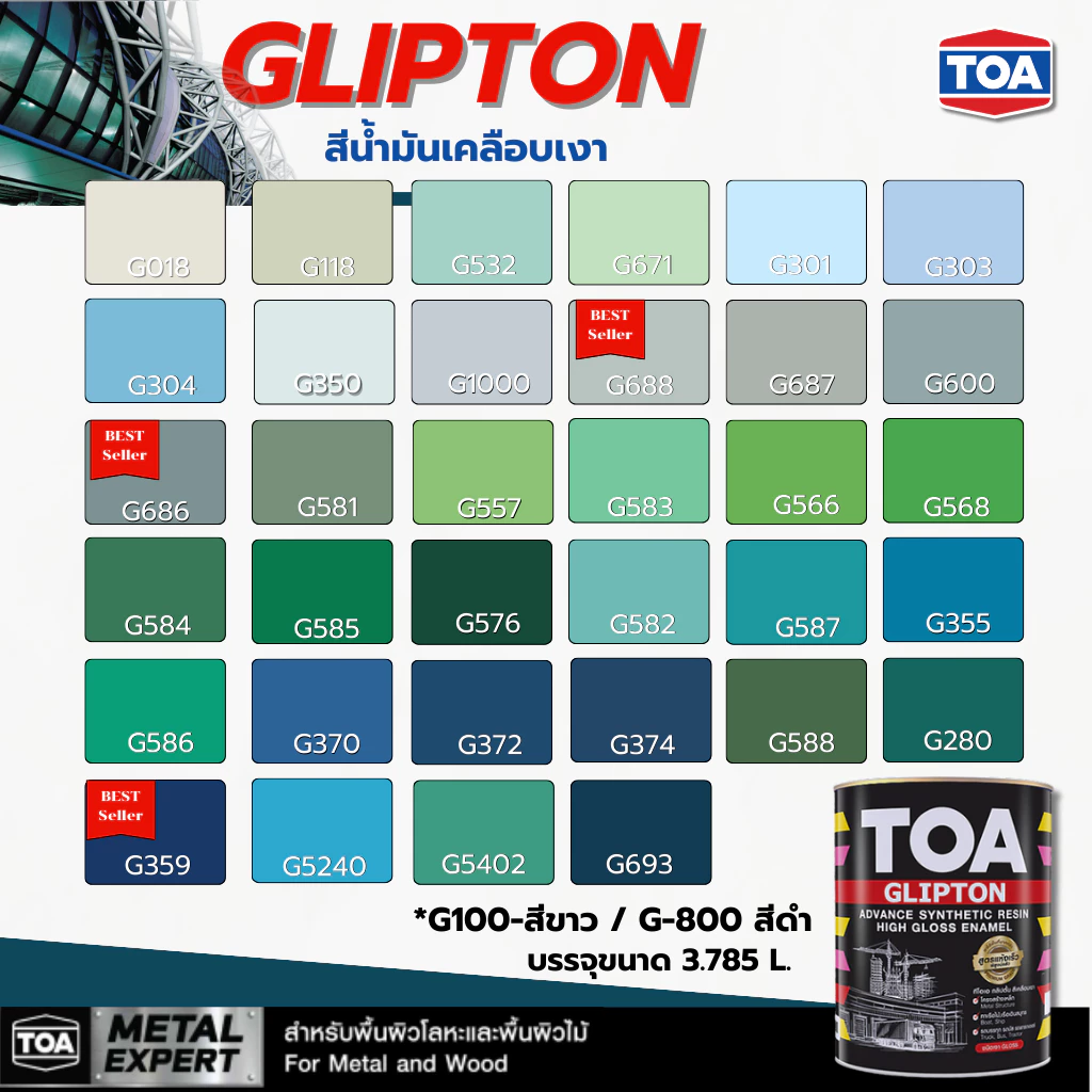 สีน้ำมัน ทีโอเอ กลิปตั้น สีเคลือบเงา TOA Glipton สีทาเหล็ก ทาไม้ สีกันสนิม ขนาด 3.785 L. ทาได้ทั้งภายในและภายนอกอาคาร