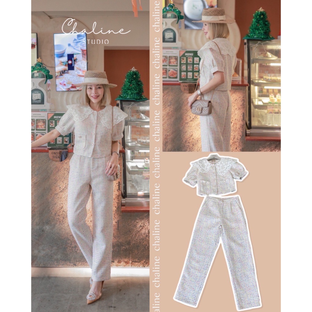 Chaline Studio Set 2 pcs. เสื้อคอปกใหญ่ลูกไม้สวยมาก มีกระดุมลายดอกไม้สลับมุกน่ารัก สีพาสเทล Choepan 