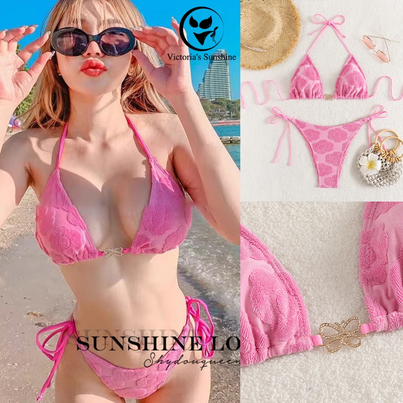 ชุดว่ายน้ํา ทูพีช เซกซี่ bikini บิกินี่ beach เนื้อหรูหรา ดอกไม้สีชมพู💥💥💥ไลฟ์สดลด50#0187