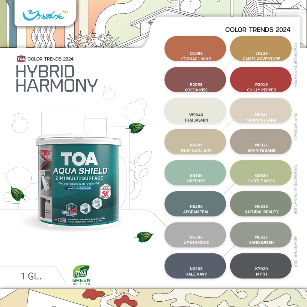 TOA AQUA SHIELD เฉดสี 2024 Color Trend ขนาด 3.5L สี 2in1 ผสมรองพื้นในตัว สีเคลือบทาได้ทุกพื้นผิว ทาภ