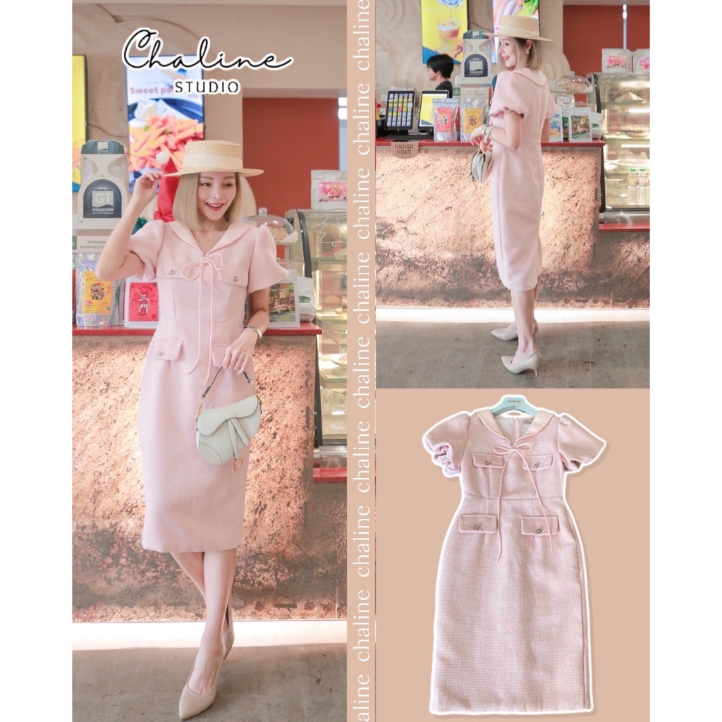 Emma เดรสผ้าทวิตสีชมพูน่ารัก คอวีมีปก มีโบว์ยาวผูกตามสไตล์สีชมพูพาสเทล Choepan Clothing Store