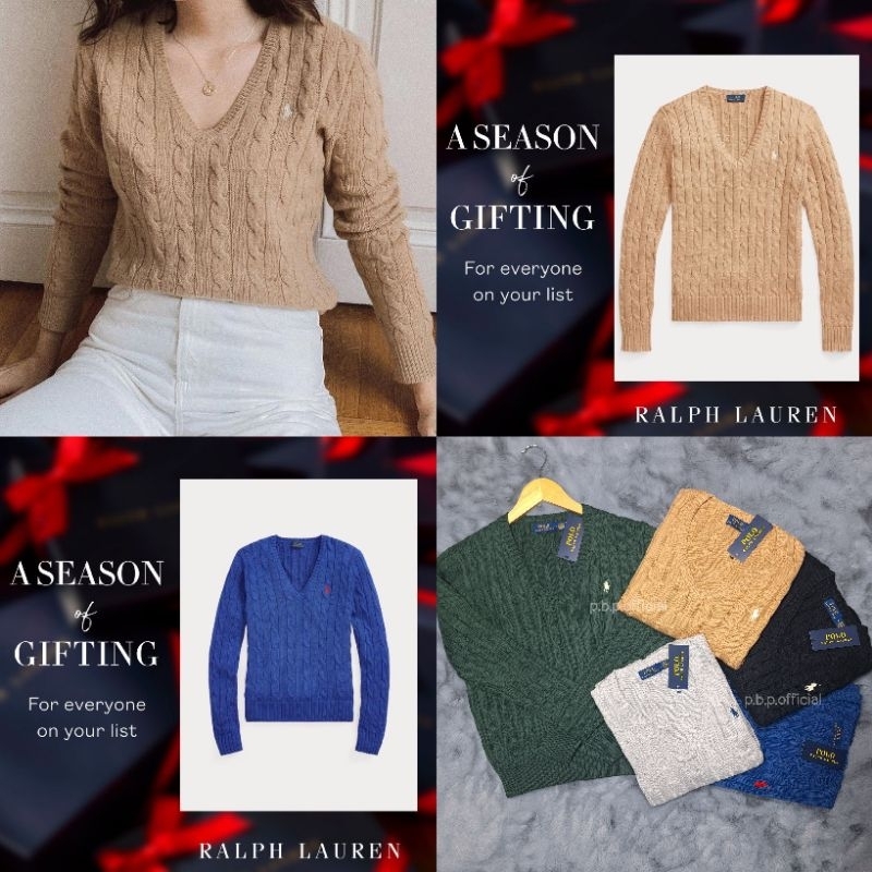 เสื้อไหมพรมคอวี Cable-Knit Cotton V-neck Sweater ของแท้