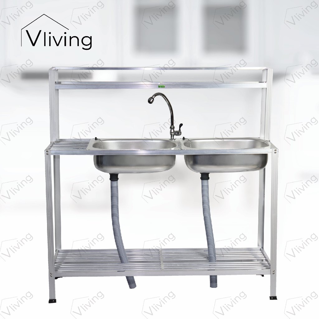 Vliving อ่างล้างจานอลูมิเนียม2หลุม 2ชั้น มีข้าง มีบน เจาะรู มีก๊อก