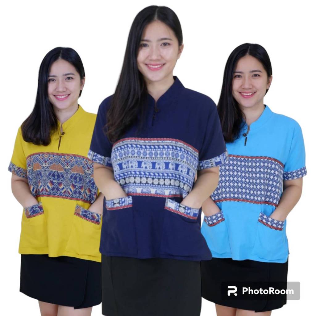 เสื้อผ้าฝ้ายคอจีนแต่งลายผ้าทอกลางอก