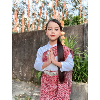 ชุดเซตเสื้อผ้าฝ้าย ผ้าถุงลาวทอลายพร้อมสไบ ชุดภาคอีสานเด็ก