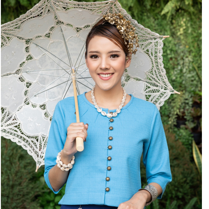 เสื้อผ้าฝ้ายพื้นเมือง รุ่นบัวตองฟ้าเเละผ้าถุงทอมือยกดอกอัดกาวDD142