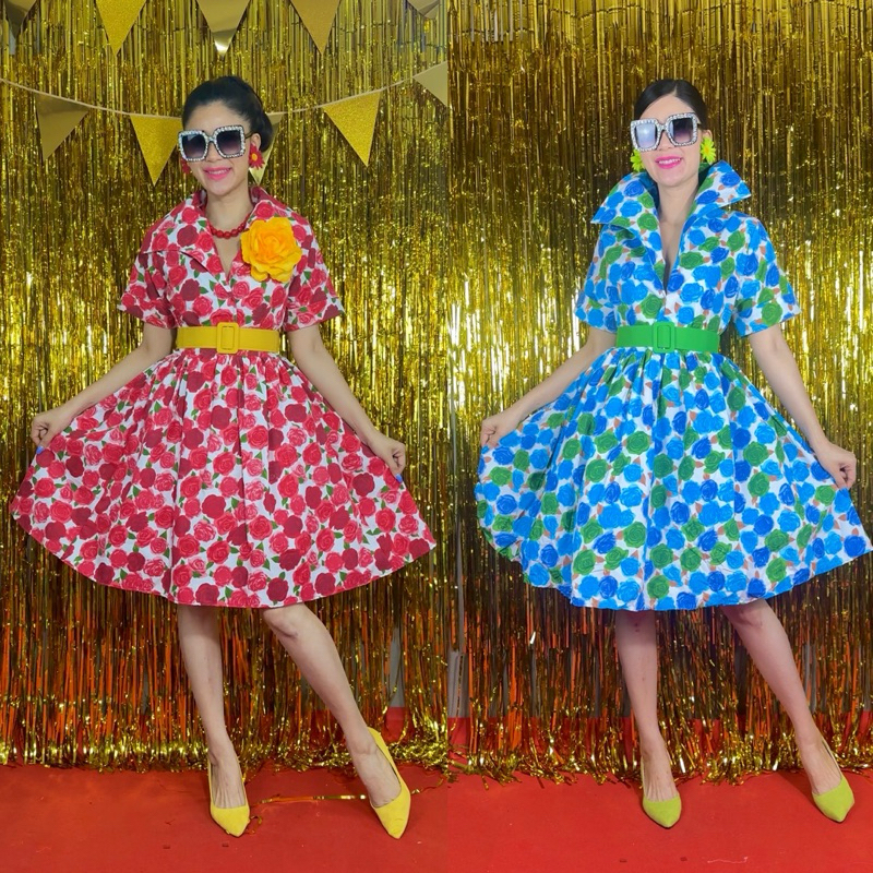 เดรสปีกนกลายดอกใหญ่ ชุดย้อนยุค ชุดทองกวาว ชุดธีมงานวัด ชุดคอปก