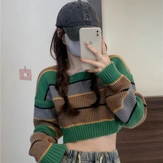 จัดส่งภายในประเทศไทย เสื้อครอปผ้าไหมพรมแขนยาว ลายขวาง Y62