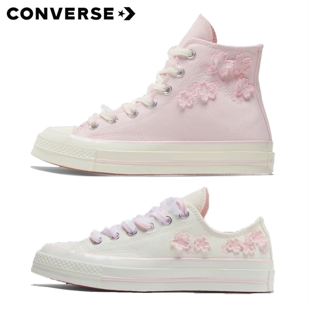 Converse all star 70s women shoes Sakura embroidery คอนเวิร์ส รองเท้าผ้าใบผู้หญิงสูง ลายปักดอกซากุระรูปแบบA06221C A06222