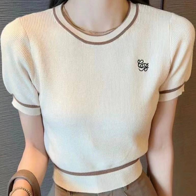 Sakura.official B235/T#เสื้อแฟชั่นผุ้หญิงแขนสั้นแต่งขอบสี#เสื้อไหมพรมคอกลมสไตล์เกาหลี