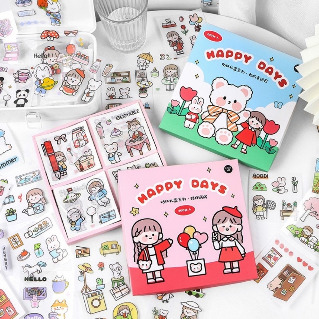 สติกเกอร์แบบกล่อง 200 แผ่น ลาย Happy days แบบใสและแบบขุ่น