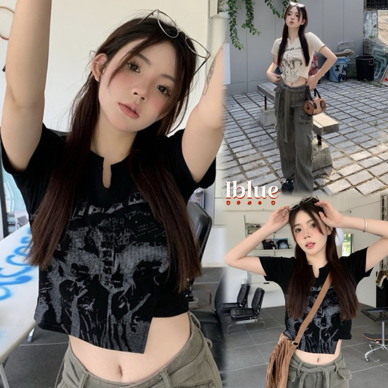 iBlue พร้อมส่ง เสื้อครอปท็อป แขนสั้น พิมพ์ลาย ครึ่งตัว ใส่น่ารัก สไตล์อเมริกันย้อนยุค สำหรับผู้หญิง