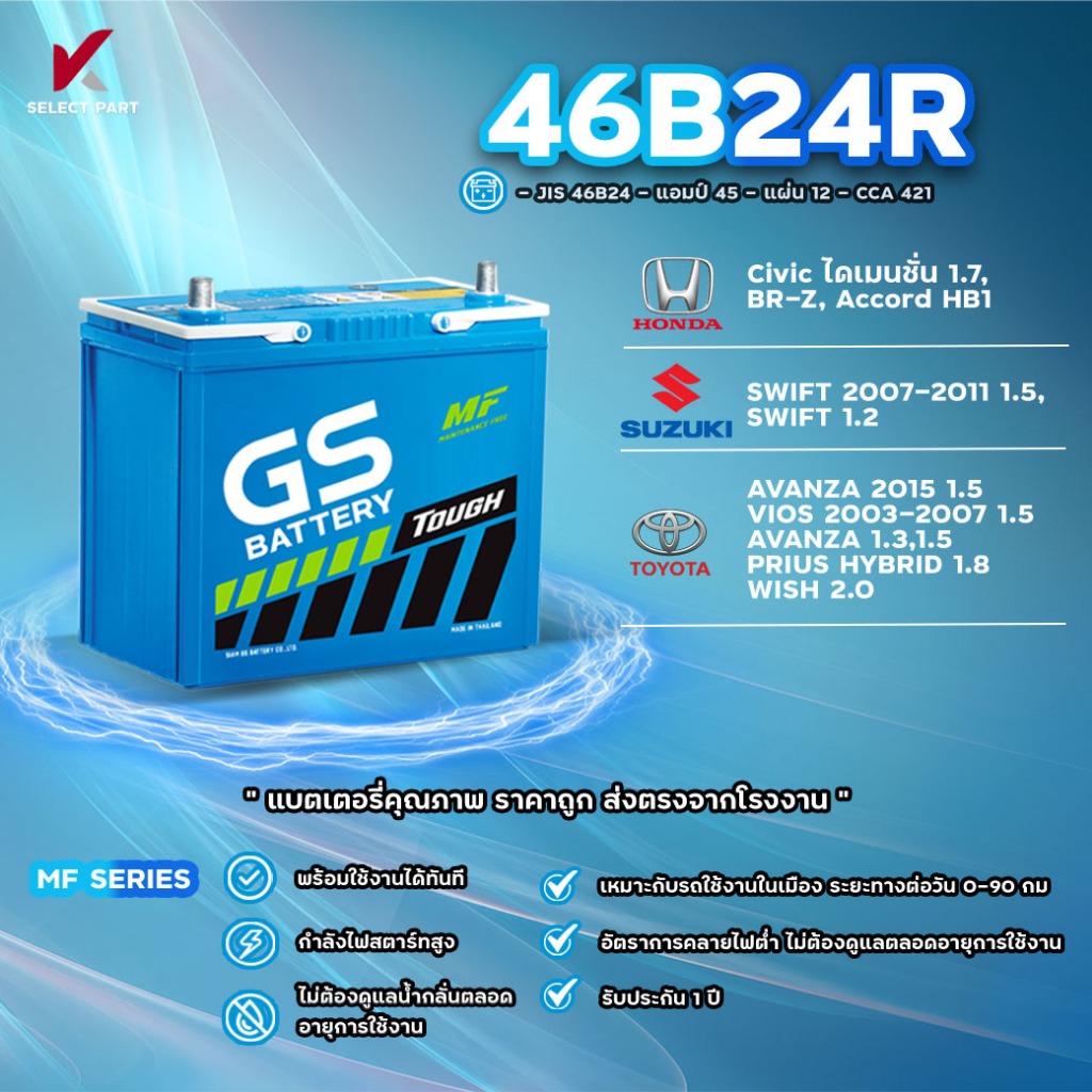 46B24L , 46B24R ( JIS 46B24 ) {พร้อมส่ง} GS Battery  แบตเตอรี่พร้อมใช้ อึด มั่นใจ กำลังไฟสตาร์ทสูง พร้อมใช้งานได้ทันที