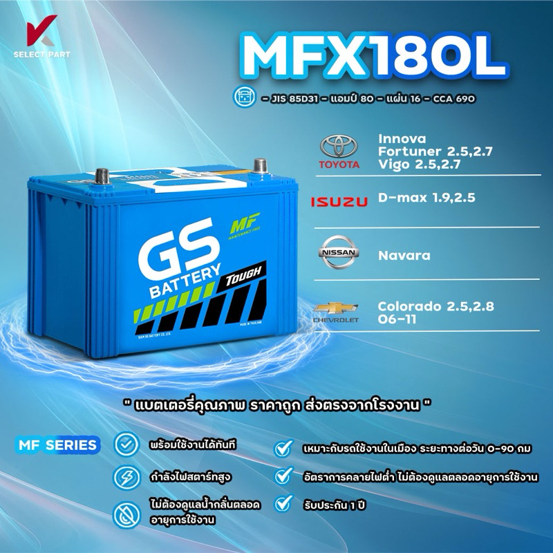 MFX180L  , MFX180R ( JIS 85D31 ) {พร้อมส่ง} GS Battery แบตเตอรี่พร้อมใช้ อึด มั่นใจ กำลังไฟสตาร์ทสูง พร้อมใช้งานได้ทันที