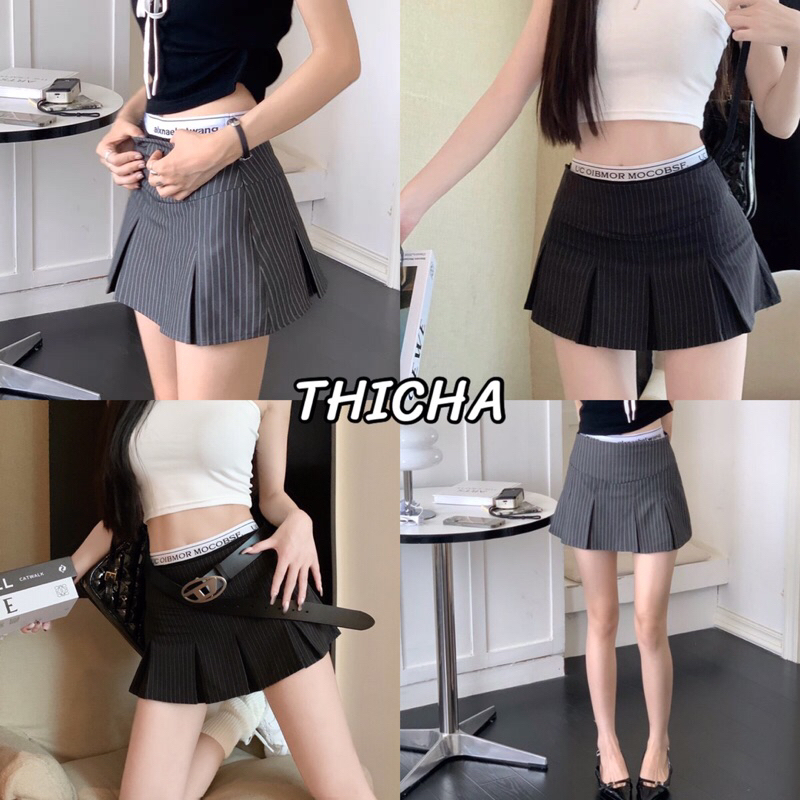 THICHA💖พร้อมส่ง💖 กระโปรงสองชั้น กระโปรงกางเกงเทนนิส เอวสูง ลายทางเอวยืด Y2K แฟชั่นสไตล์เกาหลี ผ้าอย่
