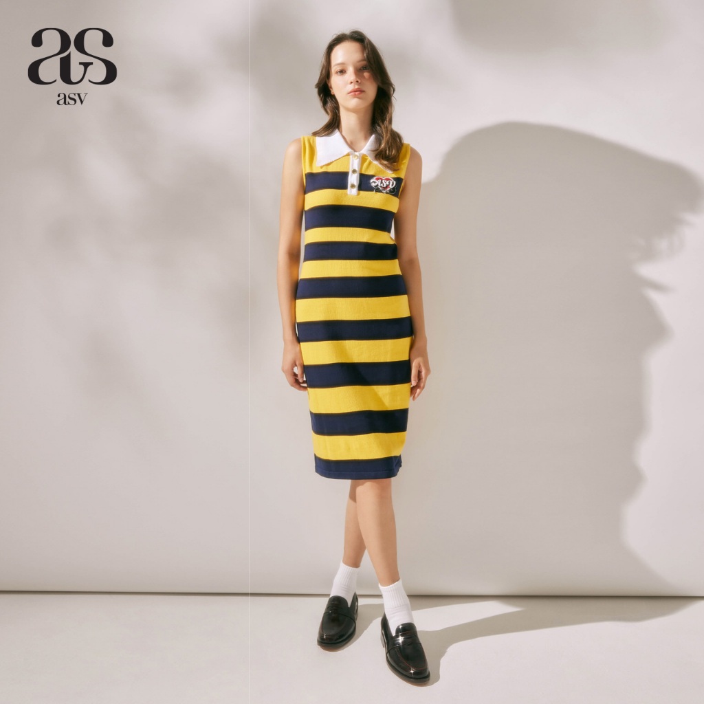 [asv rs24] Honey Bee Polo Dress เดรสผู้หญิง คอปก แขนกุด แต่งปักฟูโลโก้ asv ผ้าคอตตอนทอลายทาง