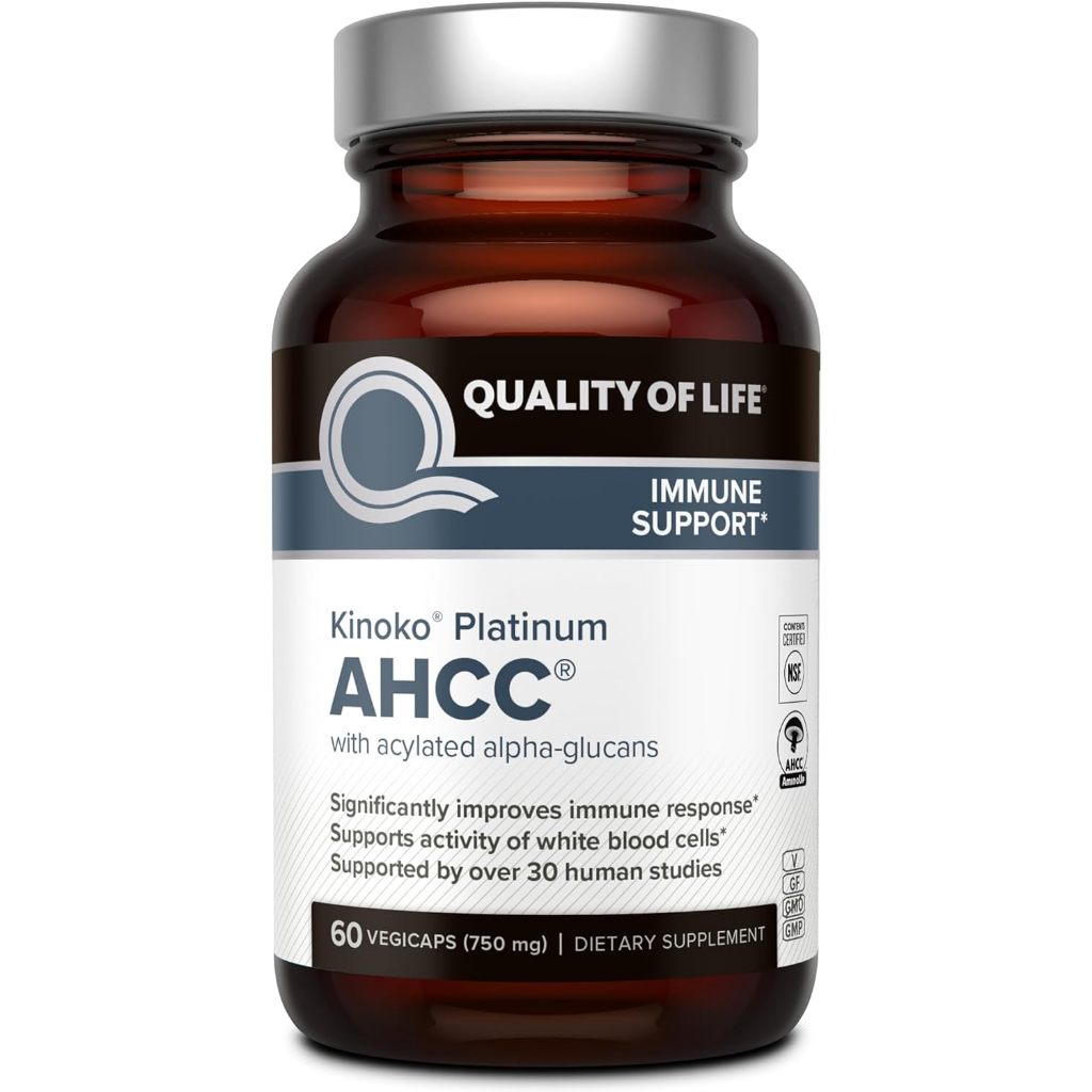 Quality of Life Premium Kinoko Platinum , 750mg of AHCC per Capsule, for Immune Support, 60 Veggie Capsules (No.3352)