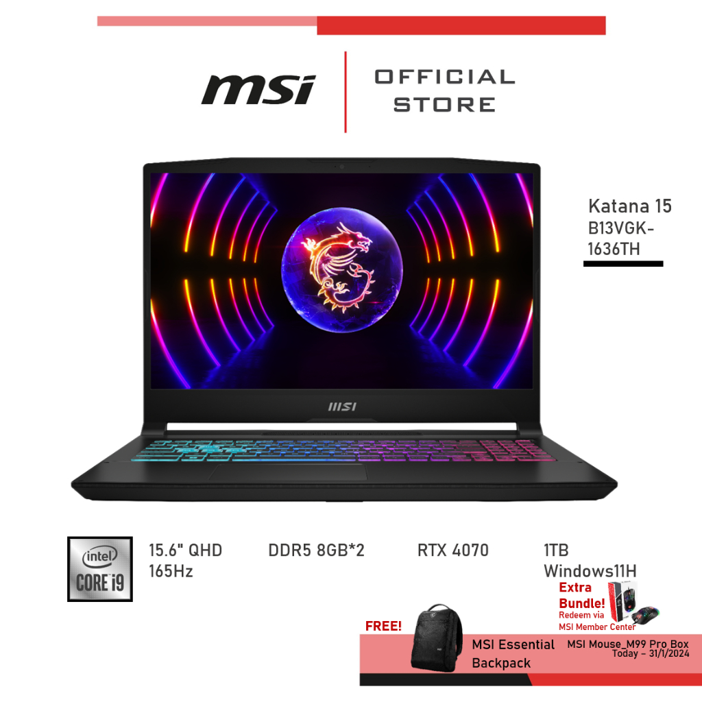 [Pre-Order] MSI Katana 15 B13VGK-1636TH (RTX 4070, GDDR6 8GB,Raptor Lake i9-13900H) Notebook