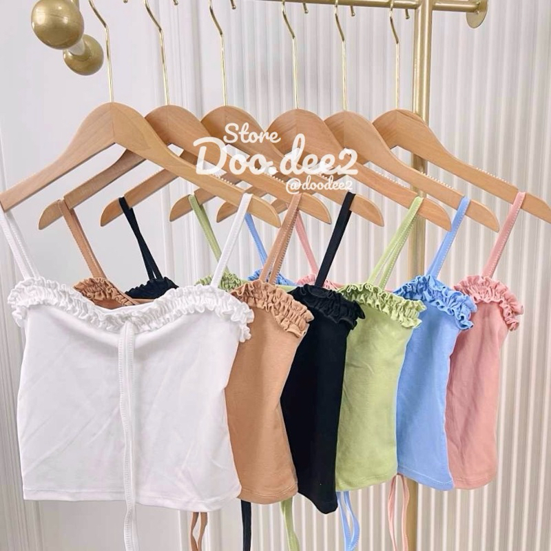 DOODEE2 เสื้อสายเดี่ยว ผ้ายูนิโคล่ ตรงระบายช่วงอกผูกโบว์