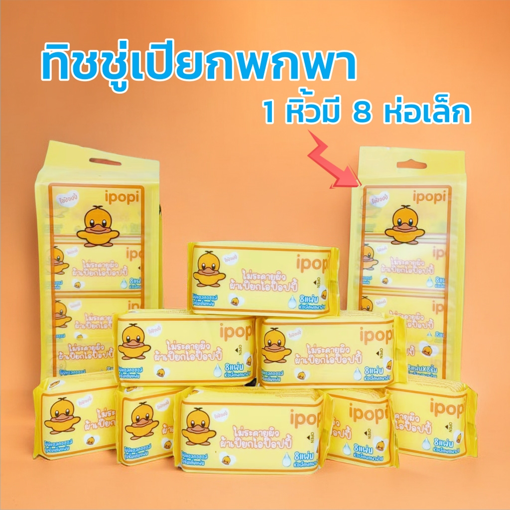 #TH18 ทิชชู่เปียก พกพา 1 หิ้ว (8ห่อเล็ก) Wet Wipes ทิชชู่เป็ด หนานุ่มกว่ากระดาษทั่วไป ไม่ระคายเคืองผิวปราศจากแอลกอฮอล์