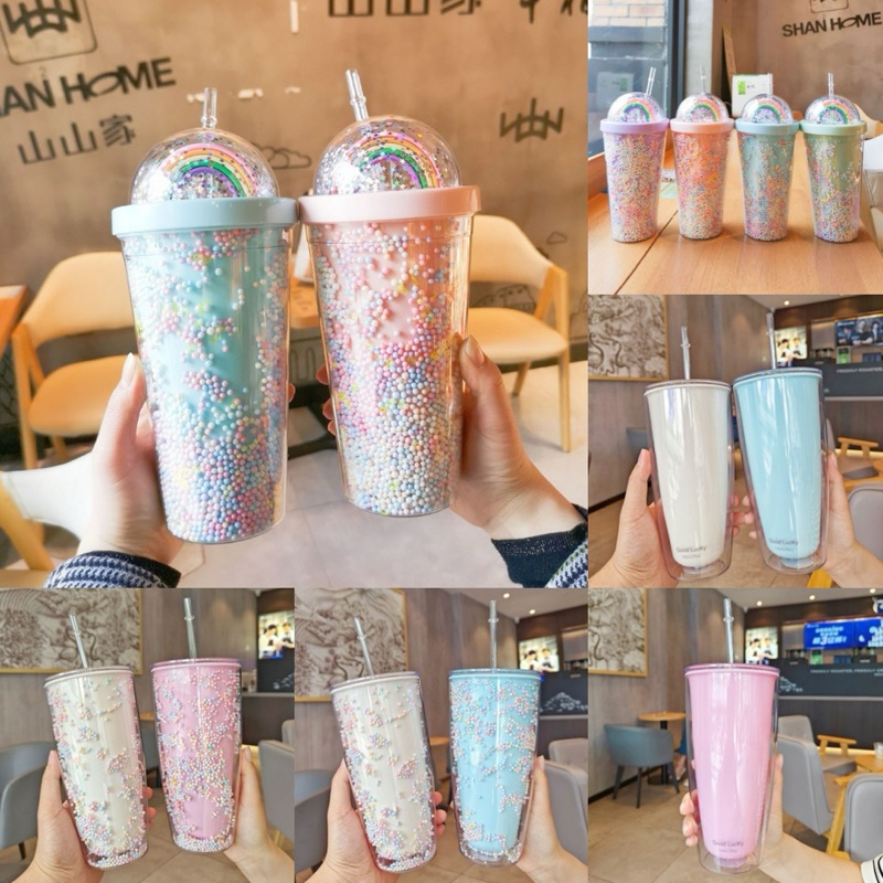 [พร้อมส่งจ้า ] แก้วน้ำสองชั้น Rainbow ลายน่ารัก แก้วพลาสติก แก้วน้ำเด็ก