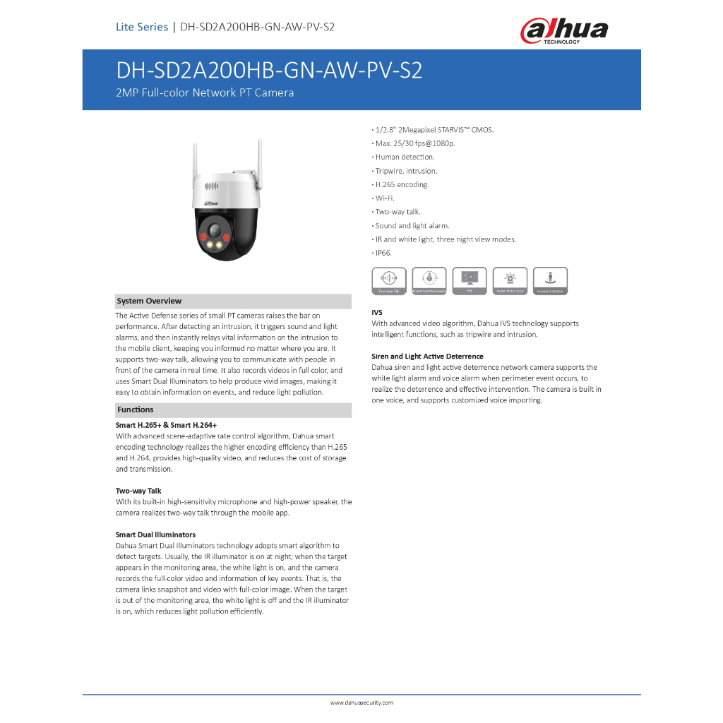 DAHUA กล้องวงจรปิด 2MP / 5MP DH-SD2A200HB-GN-AW-PV-S2 /  DH-P5AE-PV