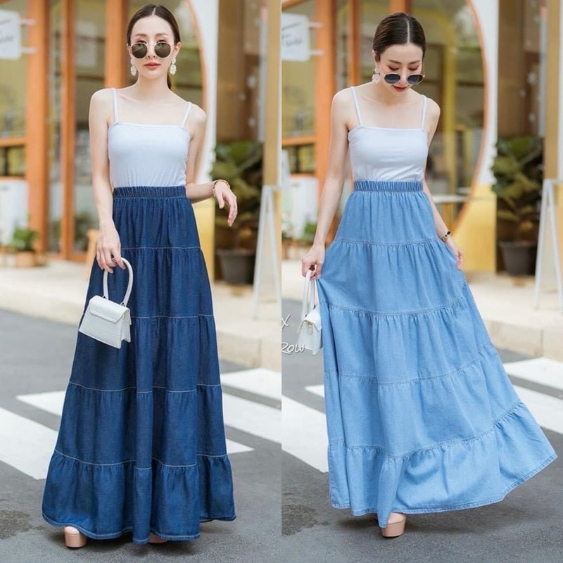 jeans skirt กระโปรงยีนส์ยาว แต่งระบาย 5 ชั้น แมชง่าย