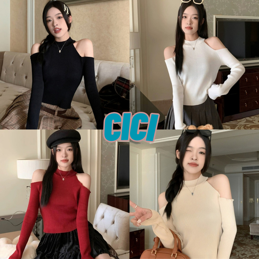 ส่งทันที Cici(NO. Y9801-1)เสื้อกล้ามคอปีนเเขนยาว ปาดไหล่ ผ้าไหมพรม ใส่สบายไม่ร้อน สไตล์ฝรั่งเศษ
