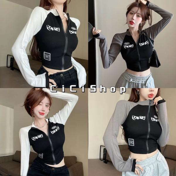 Cicishop(J931)เสื้อเเขนยาวคอปีน ผ้าเลยอน ซิปหน้า ผ้ายืดใส่สบาย แมทช์ได้หลายสไตล์