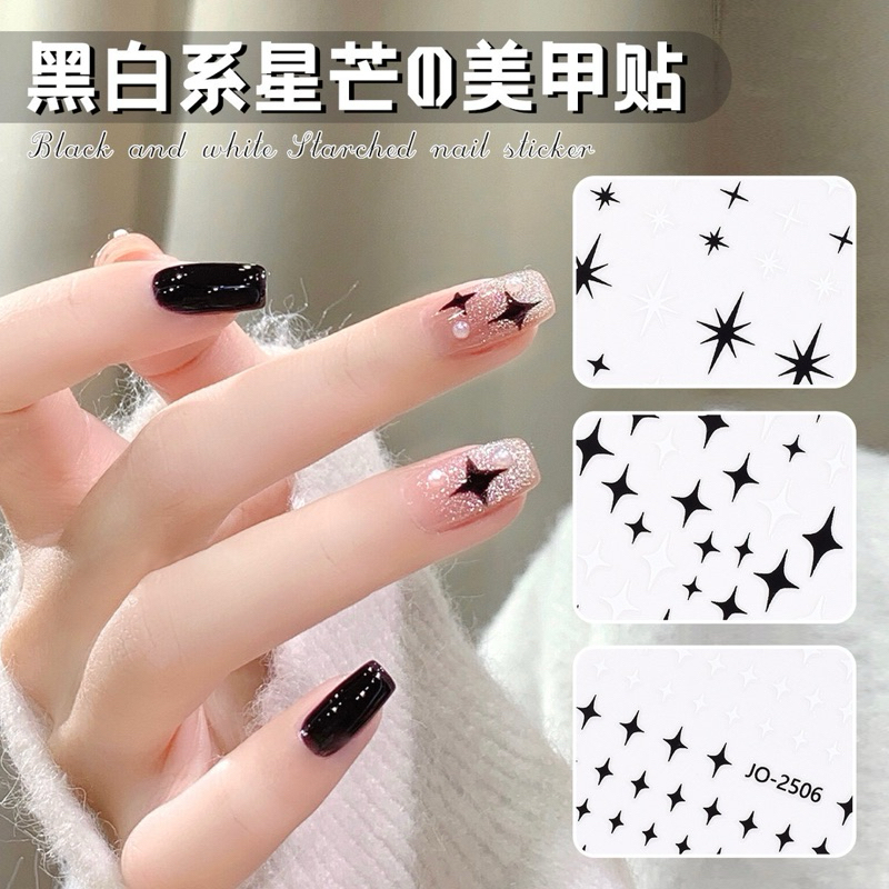 สติกเกอร์แต่งเล็บลายดาวลายหัวใจลายโบว์โทนขาวดำ ￼