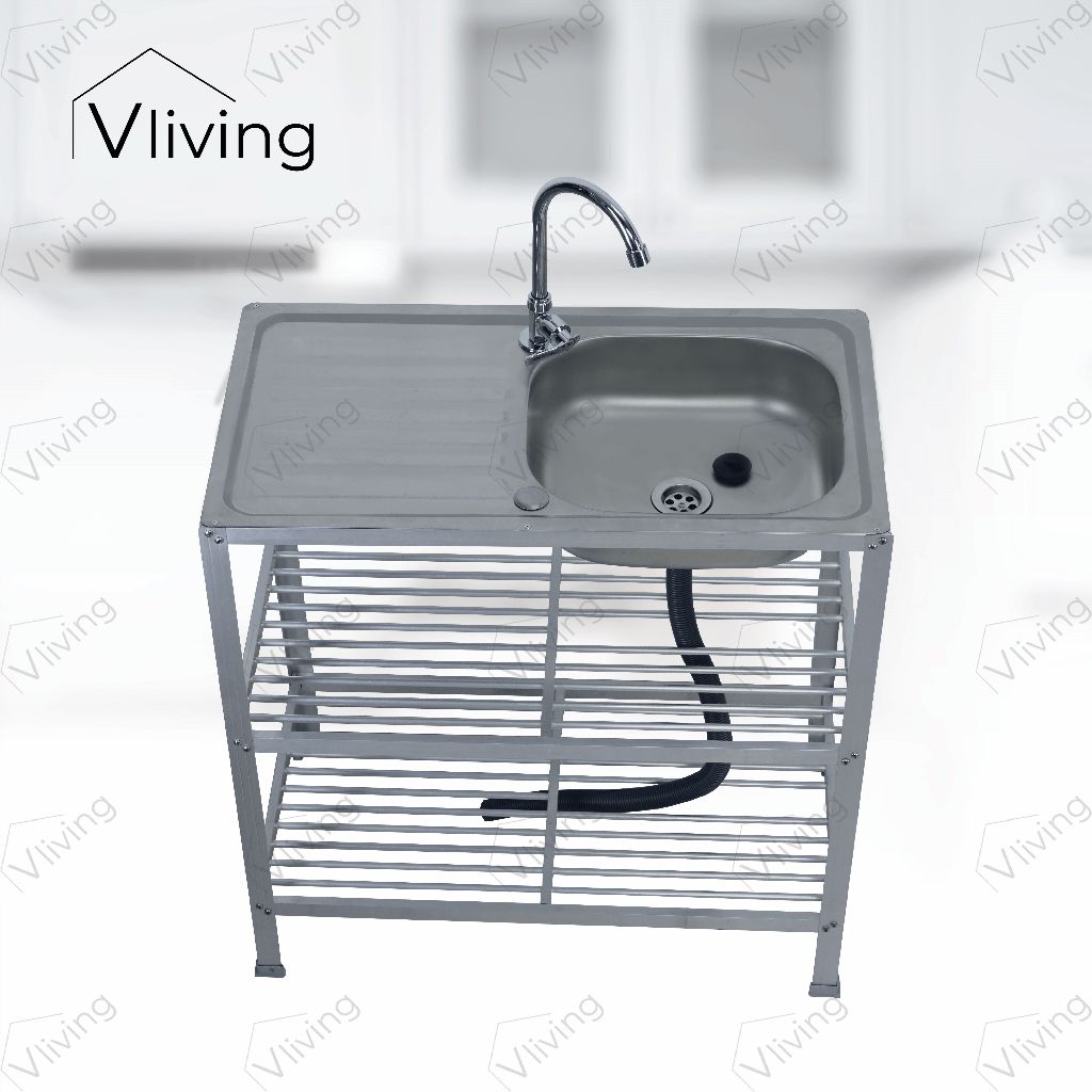 Vliving ซิ้งค์ล้างจาน อ่างล้างจาน สแตนเลสข้างทึบ 3ชั้น กลาง โครงอลูมีเนียม