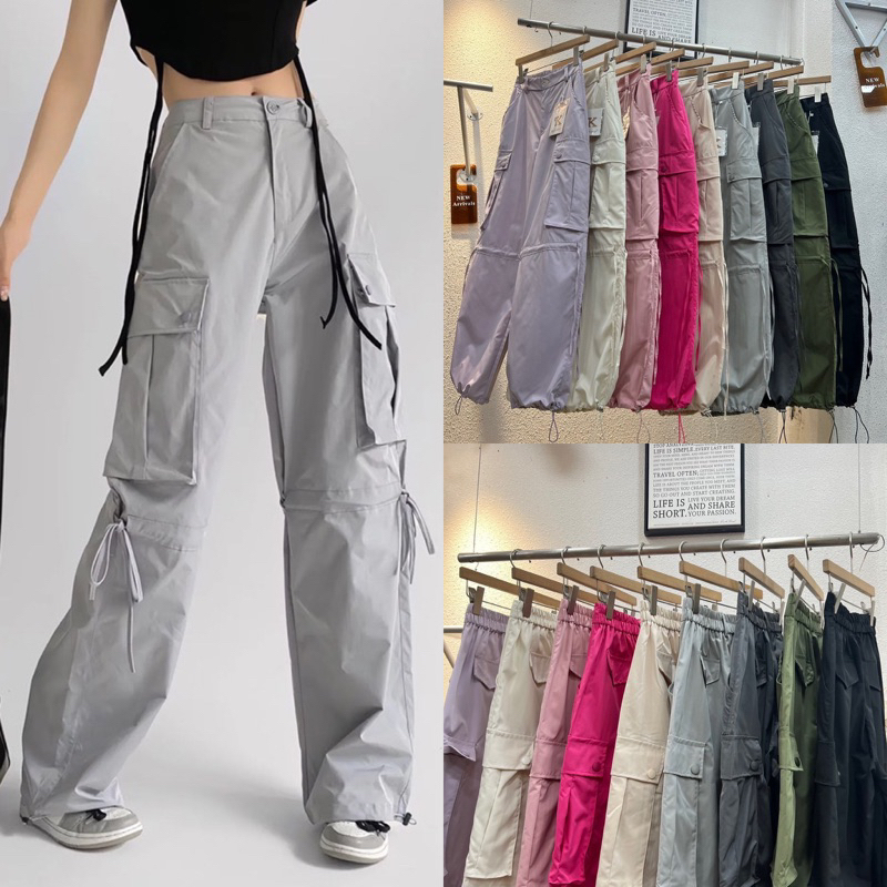 Gang_jeans #9221(K)(พร้อมส่งงายป้ายK)กางเกงขายาวผ้าคาร์โก้ กระดุมหน้า กระเป๋าข้างใหญ่
