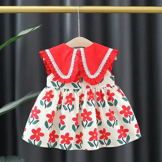 Babyonline(Y463)D5 (ส่งด่วน1วัน)ชุดเดรสกระโปรงแขนกุดลายดอกไม้สำหรับเด็กผู้หญิง ผ้าฝ้าย มีซิปหลัง