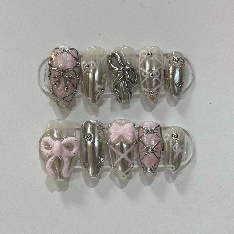 Bow pink chrome press on nail เล็บปลอมสีเจลแท้