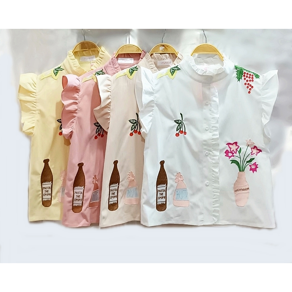 เสื้อแฟชั่น แขนกุดระบาย ปักลาย กระดุมหน้า
